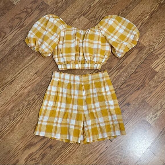 MNG by Mango Yellow Plaid Cotton Cropped Peasant Top Sz-S NWT! - Picture 9 of 9